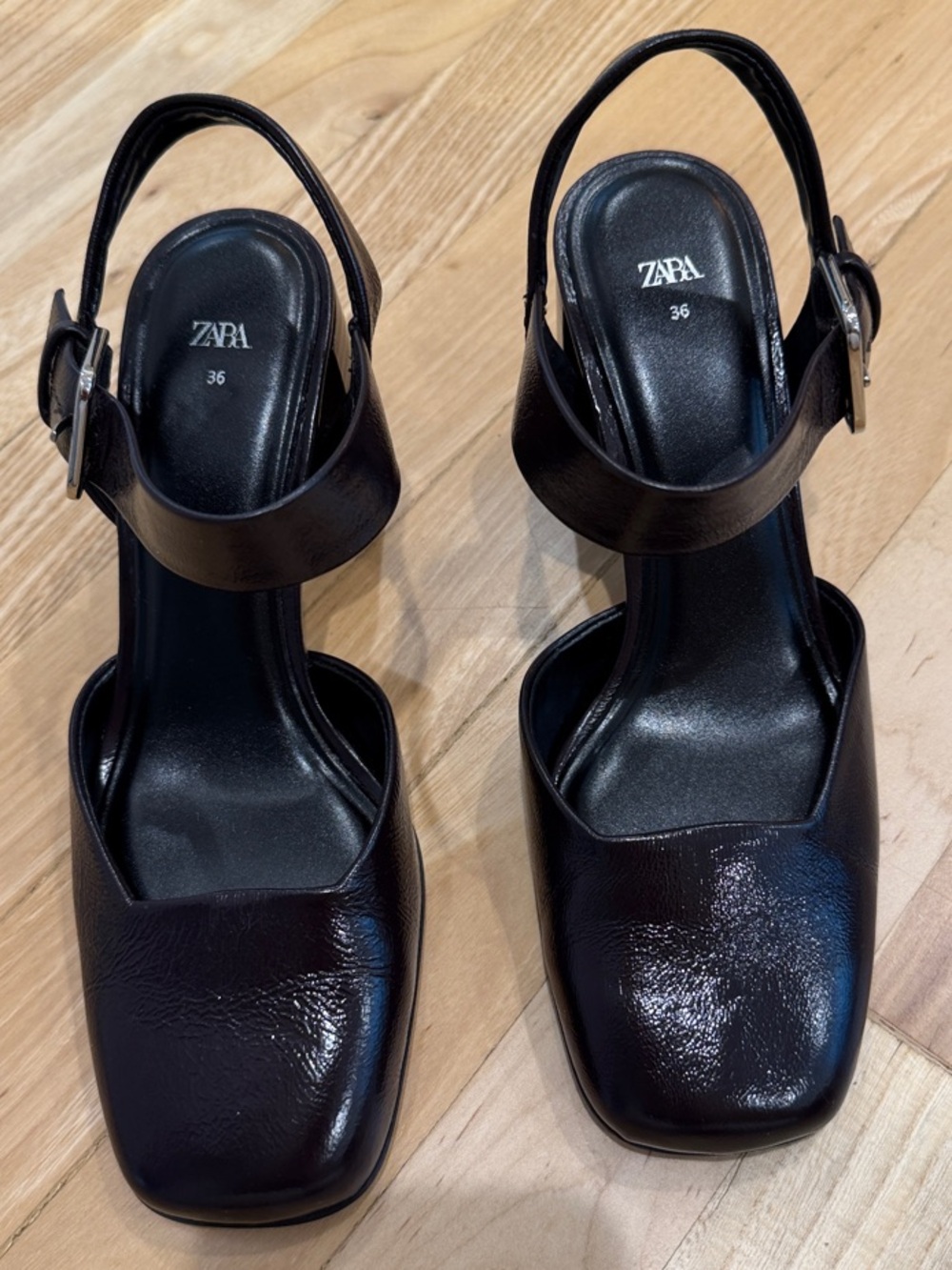 Zara Black Patent Square-Toe Slingback Heels